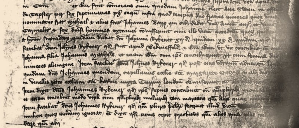 A scan of the first page of the notes from the interrogation of John / Eleanor Rykener, the Guildhall, London, December 1394–January 1395
