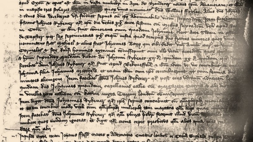 A scan of the first page of the notes from the interrogation of John / Eleanor Rykener, the Guildhall, London, December 1394–January 1395